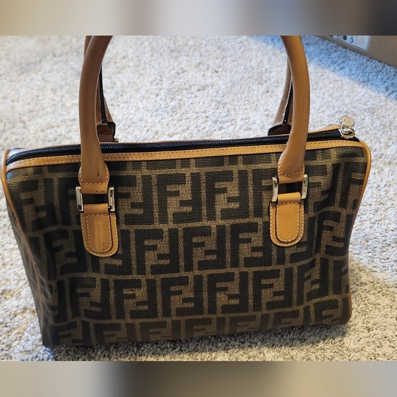 Fendi Authentic Vintage Zucca Monogram Boston Leather/canvas Satchel Brown Tan - Picture 3 of 8